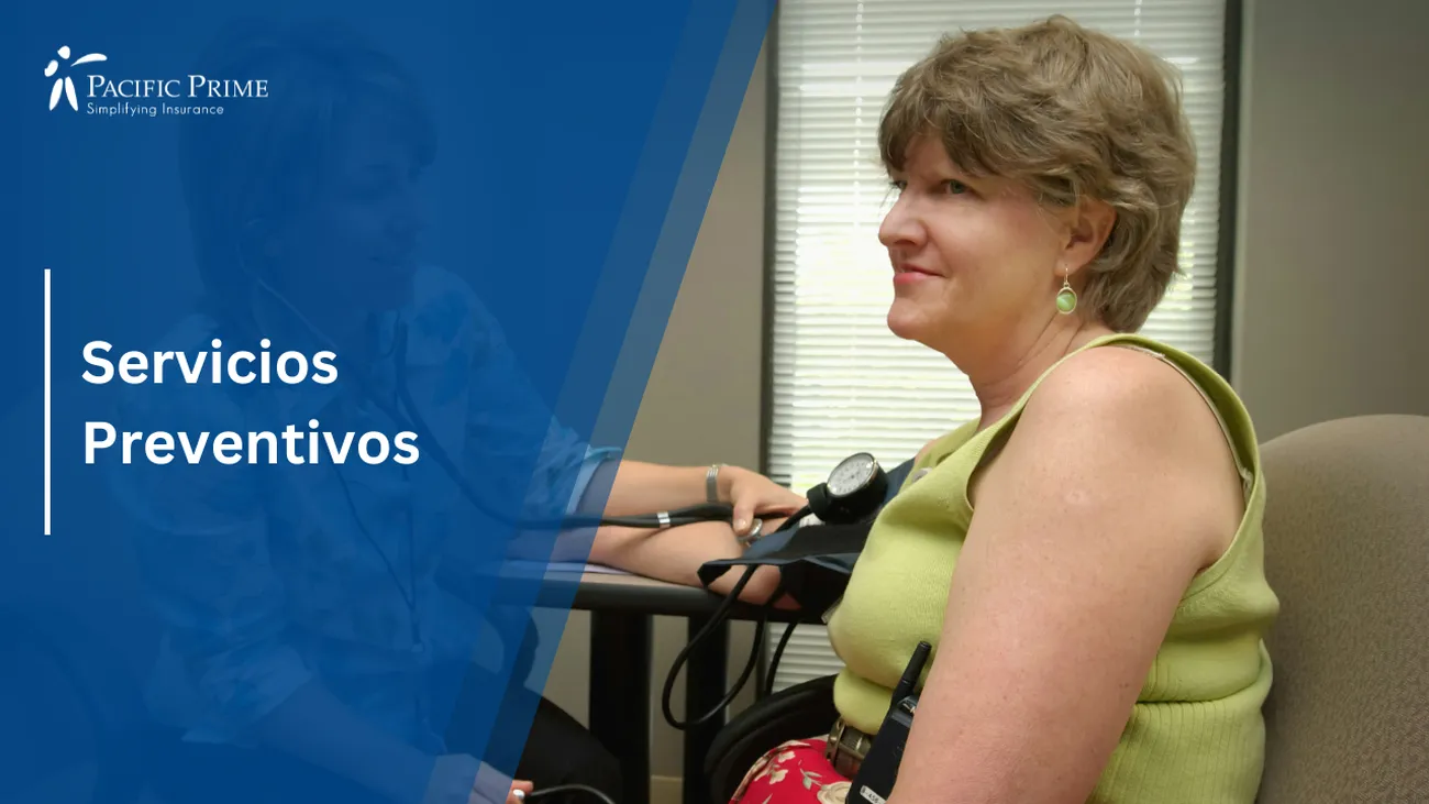 Image of a Doctor Measuring Patient's Blood Pressure During Preventive Exam with text overlay of "Servicios Preventivos"