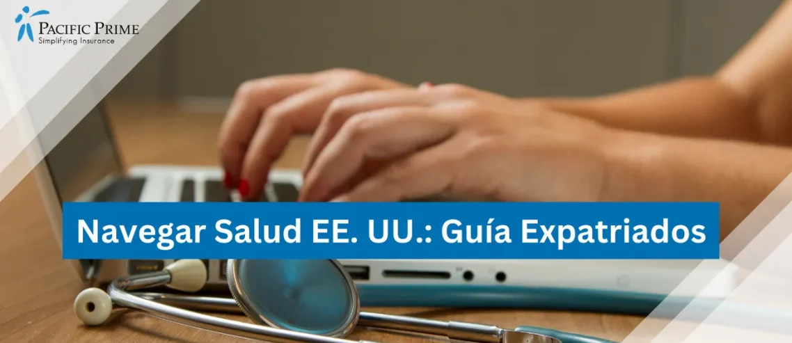 Imagen de estetoscopio y portátil mostrando el creciente papel de la tecnología en la atención médica con texto superpuesto "Navegar Salud EE. UU.: Guía Expatriados"