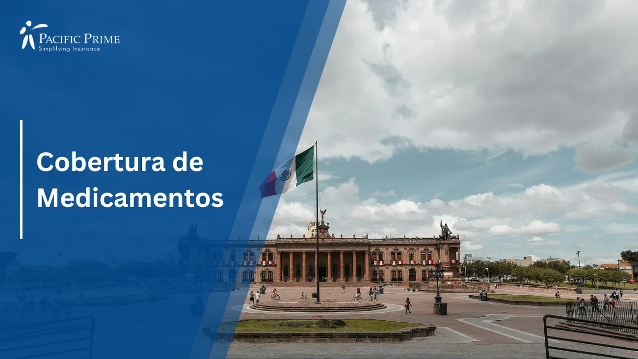 Image of White, Green, And Red Flag Near A Building During Daytime In Monterrey, Mexico with text overlay of "Cobertura de Medicamentos"