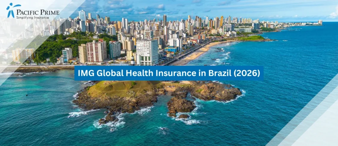 Image of Aerial View Of Salvador’s Skyline And Sunlit Bahia Coastline, Brazil with text overlay of "IMG Global Health Insurance in Brazil (2026)"