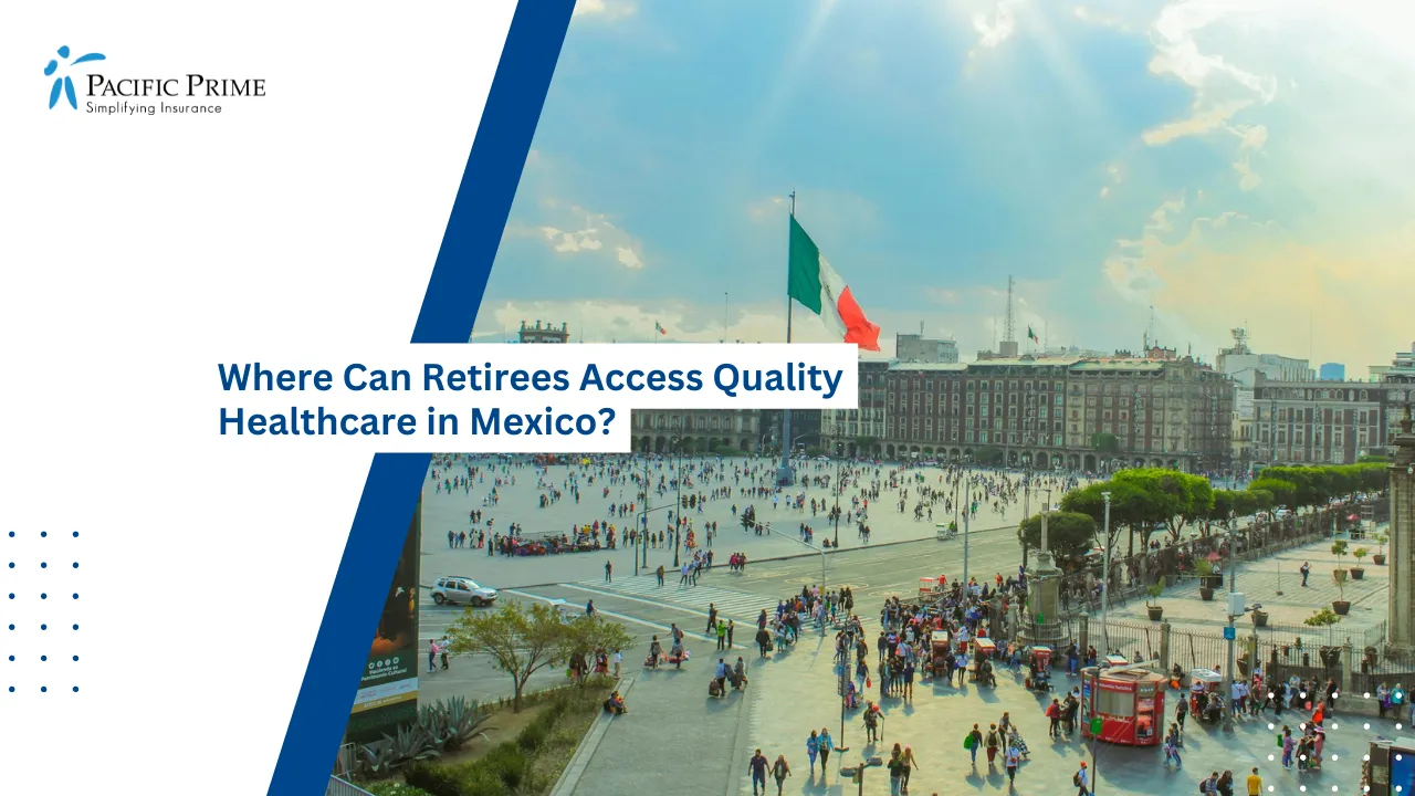 Image of Pedestrians Gathering Across The Zócalo In Mexico City’s Historic Centre with text overlay of "Where Can Retirees Access Quality Healthcare in Mexico?"