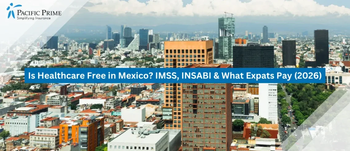 Image of Aerial Panorama Of Mexico City’s Modern Towers And Lively Urban Streets with text overlay of "Is Healthcare Free in Mexico? IMSS, INSABI & What Expats Pay (2026)"