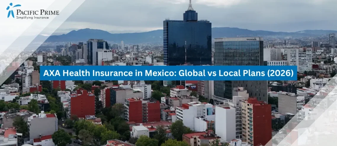 Image of Mexico City’s Vast Urban Landscape Framed By Skyscrapers And Distant Mountains with text overlay of "AXA Health Insurance in Mexico: Global vs Local Plans (2026)"