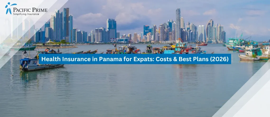 Image of Panama City Skyline Beyond Colorful Boats Floating On Calm Coastal Waters with text overlay of "Health Insurance in Panama for Expats: Costs & Best Plans (2026)"