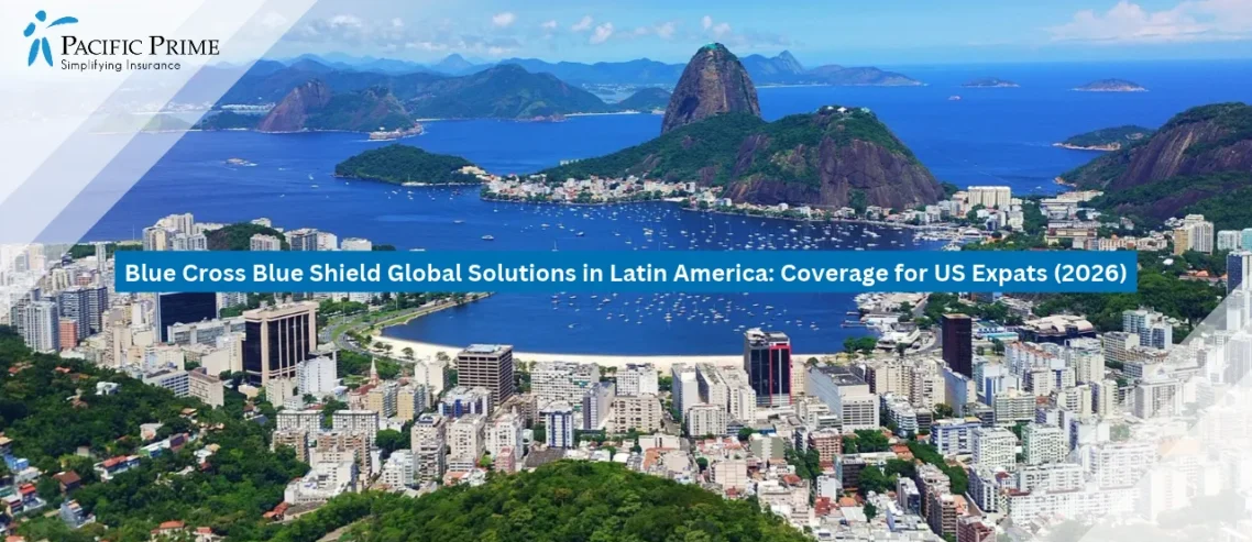 Image of Aerial Panorama Of Rio De Janeiro’s Coastline And Sugarloaf Mountain with text overlay of "Blue Cross Blue Shield Global Solutions in Latin America: Coverage for US Expats (2026)"